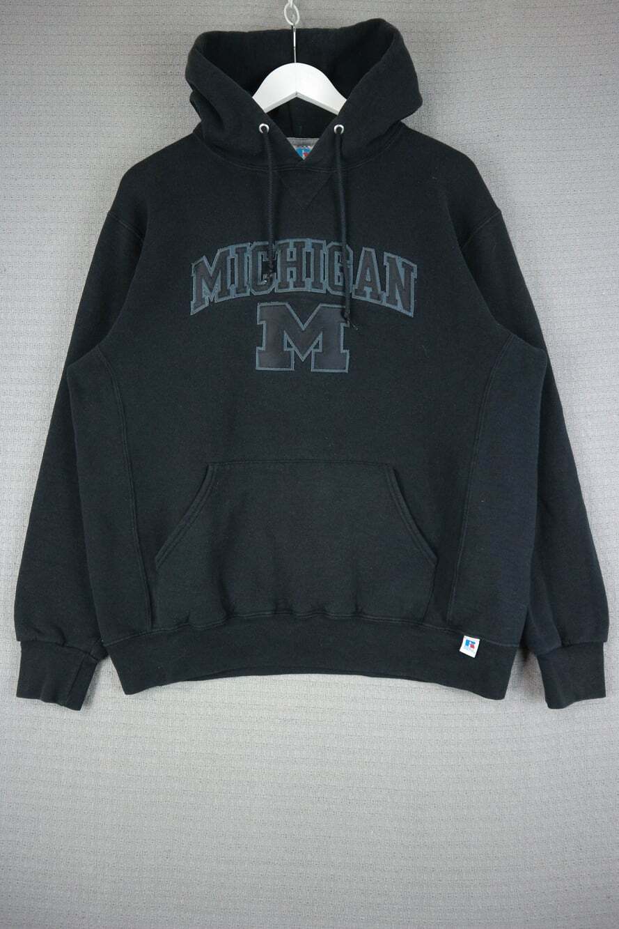 Vintage Russell Athletic Michigan Hoodie Sweatshirt Black Out Logo Large
